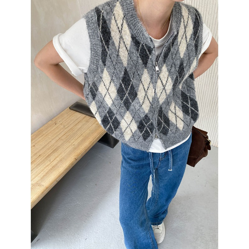 Mid Ancient Design College Hit Color Diamond Lattice round Neck Double Zipper Knitted Vest Bella Mia