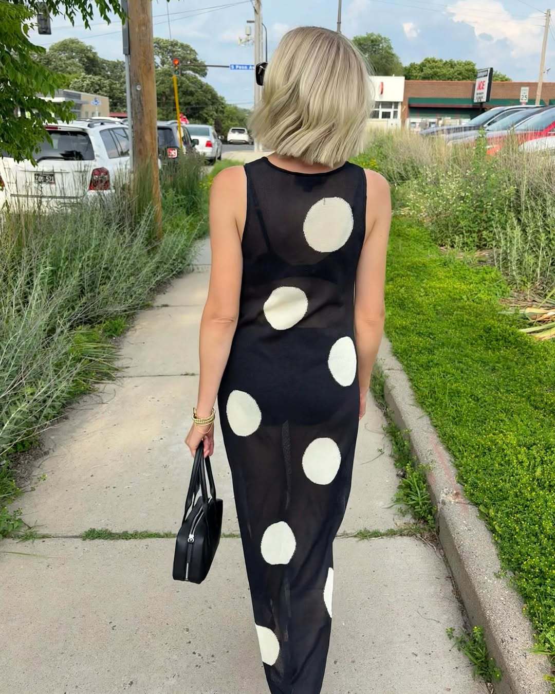 Plush Fashion Hub women's autumn winter polka dot maxi dress, slim fit, knitted, bohemian style, see-through beach casual dress.