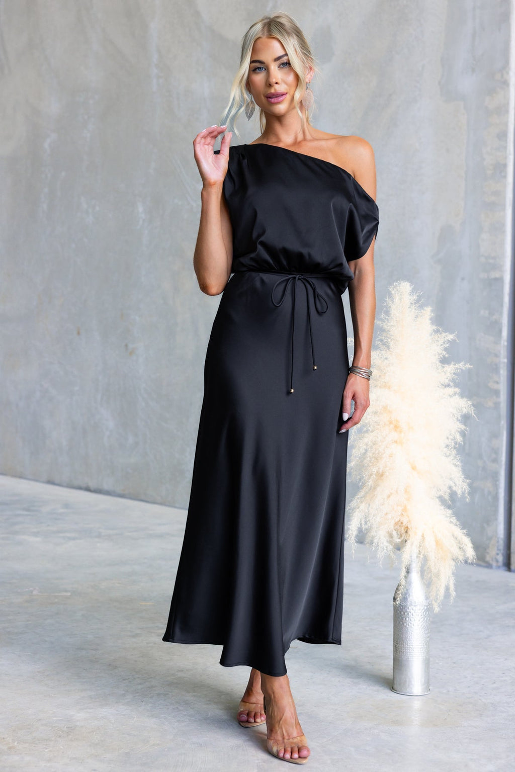Summer cocktail dress by Plush Fashion Hub featuring off-shoulder design, solid color, and tied shoulder straps.