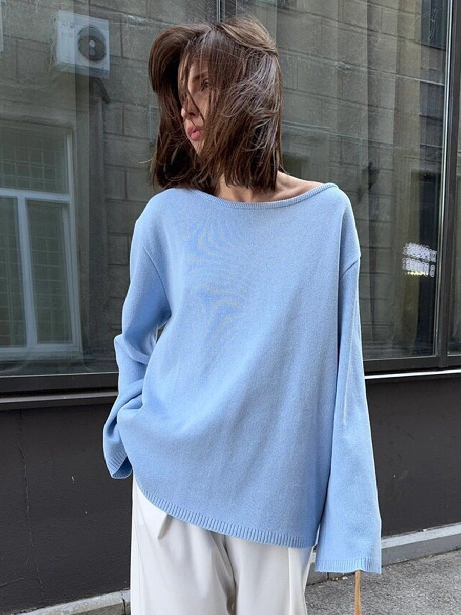 Bella Mia women's cotton backless pullover sweater, loose knitted autumn winter outerwear with a relaxed fit and stylish design.