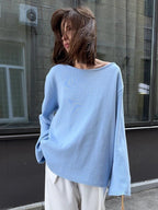 Bella Mia women's cotton backless pullover sweater, loose knitted autumn winter outerwear with a relaxed fit and stylish design.