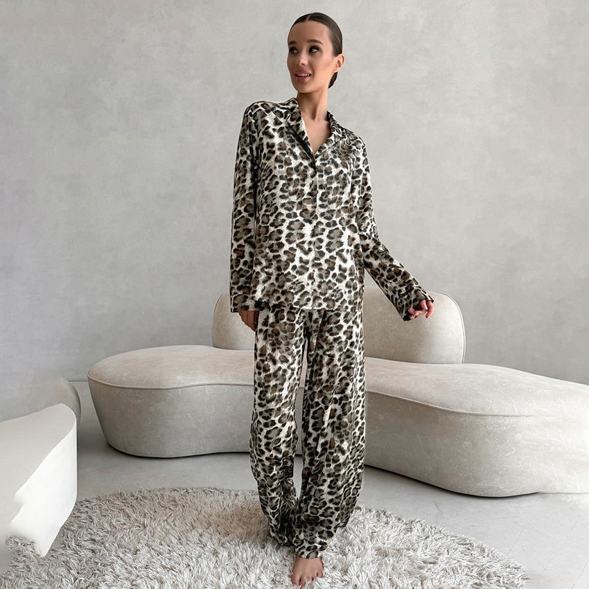 Bella Mia women's satin leopard print pajamas with long sleeves and trousers, soft and comfortable for homewear.