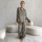 Bella Mia women's satin leopard print pajamas with long sleeves and trousers, soft and comfortable for homewear.