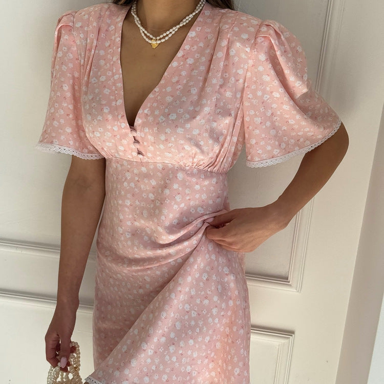 Women’s summer floral dress by Plush Fashion Hub featuring a casual V-neck, short sleeves, and high waist in a short, stylish design.