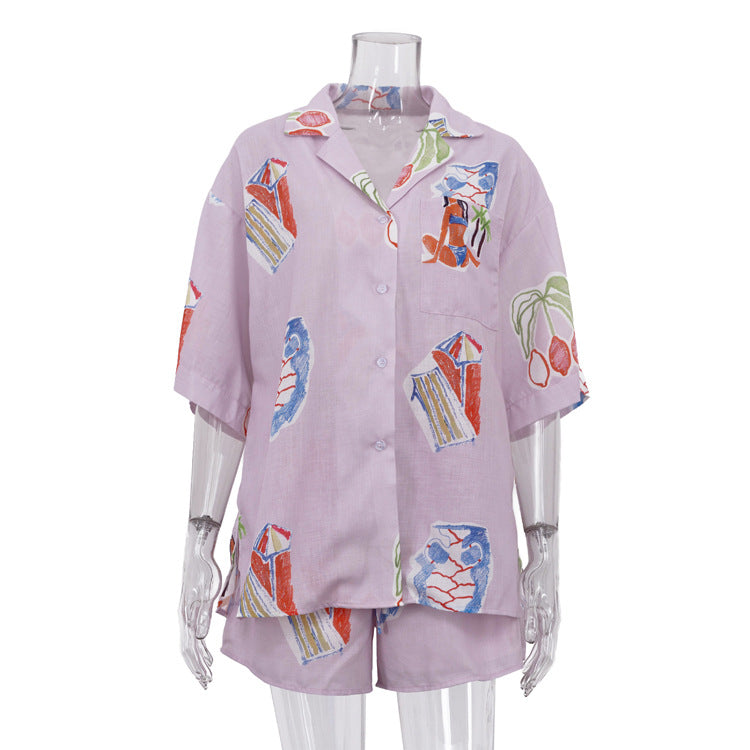 Summer women's casual two-piece set with collared short sleeve shirt and shorts, digital print, by Plush Fashion Hub.