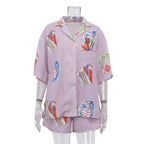 Summer women's casual two-piece set with collared short sleeve shirt and shorts, digital print, by Plush Fashion Hub.