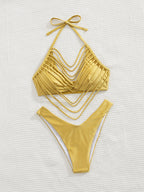 Solid color bikini short skirt three-piece set for women, featuring sexy triangle bikini bottoms and matching top.