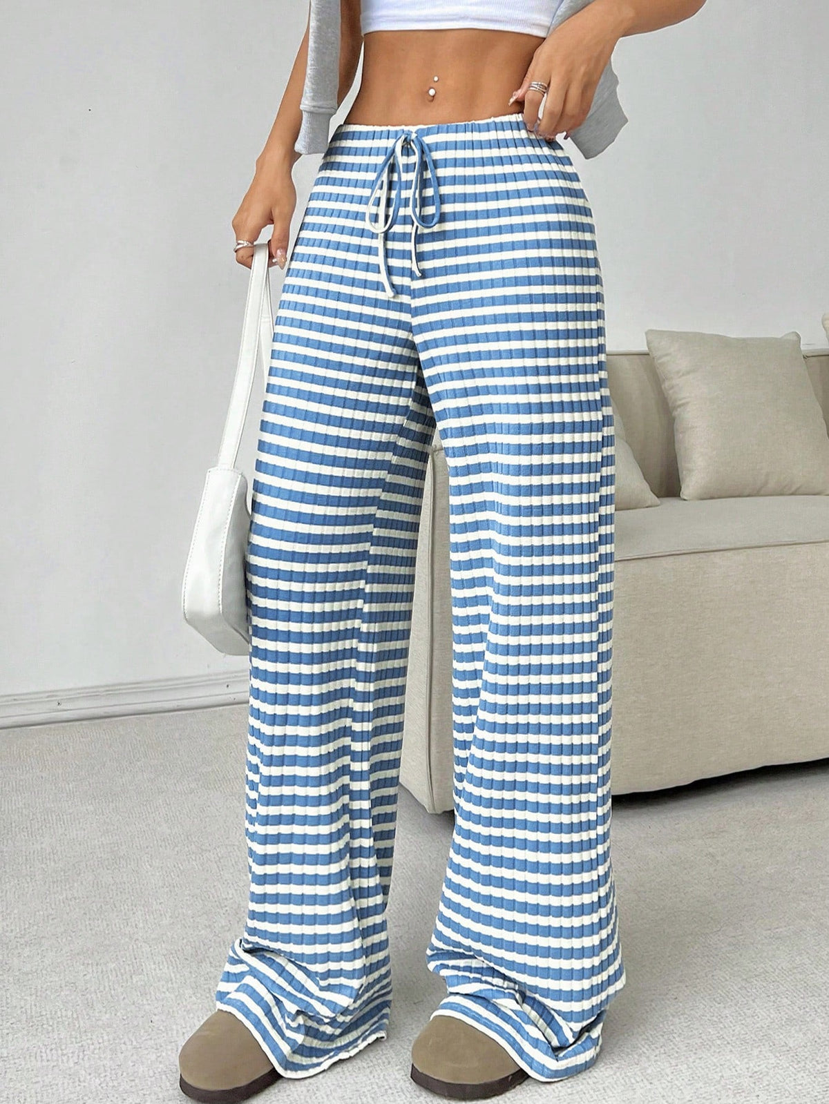 Women’s striped solid color casual pants with rubber band waist and straight leg fit, by Plush Fashion Hub.