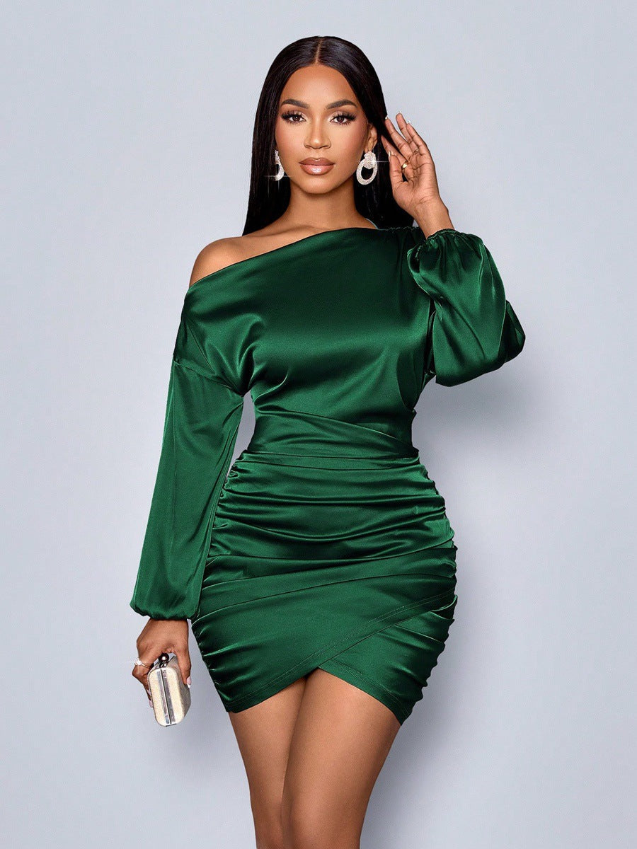 Women’s satin long sleeve oblique shoulder dress by Bella Mia, featuring an elegant autumn-inspired design.
