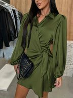 Bella Mia women's long sleeve satin dress with a fitted waist, suitable for autumn parties, in a sleek satin fabric.