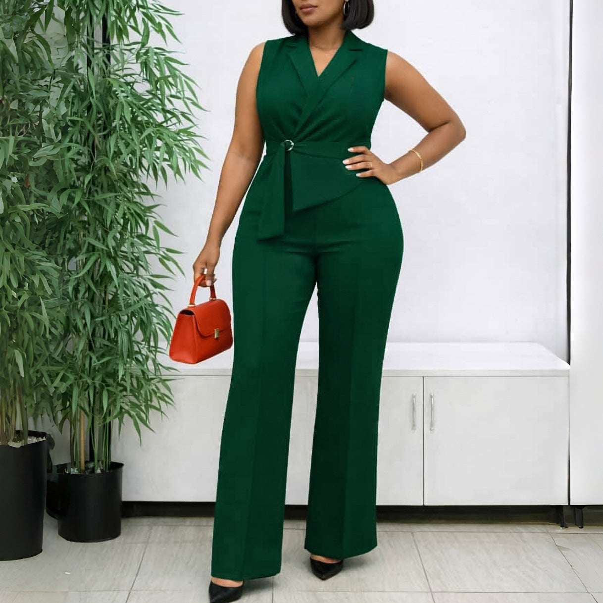 Summer solid color sleeveless collar lace-up wide-leg jumpsuit by Plush Fashion Hub, shown in a vibrant casual style.