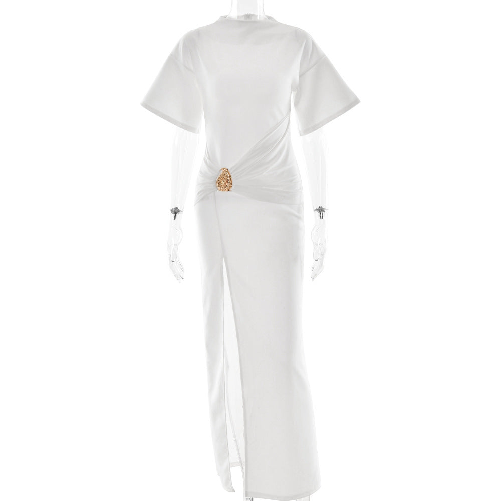 Arrival Pleated round Neck Dress Women Sexy High Split Hip Bag Dress Bella Mia