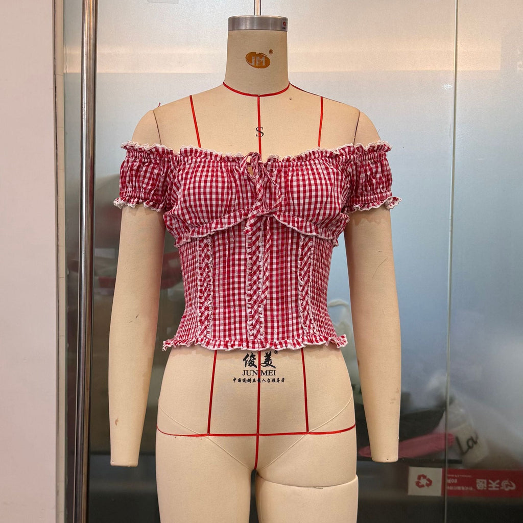 French plaid summer women’s puff sleeve short top with lace edge, from Plush Fashion Hub, casual and stylish.