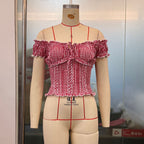 French plaid summer women’s puff sleeve short top with lace edge, from Plush Fashion Hub, casual and stylish.