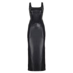 Women’s slim fit leather dress with square collar, low cut, drawstring waist, and split design by Bella Mia
