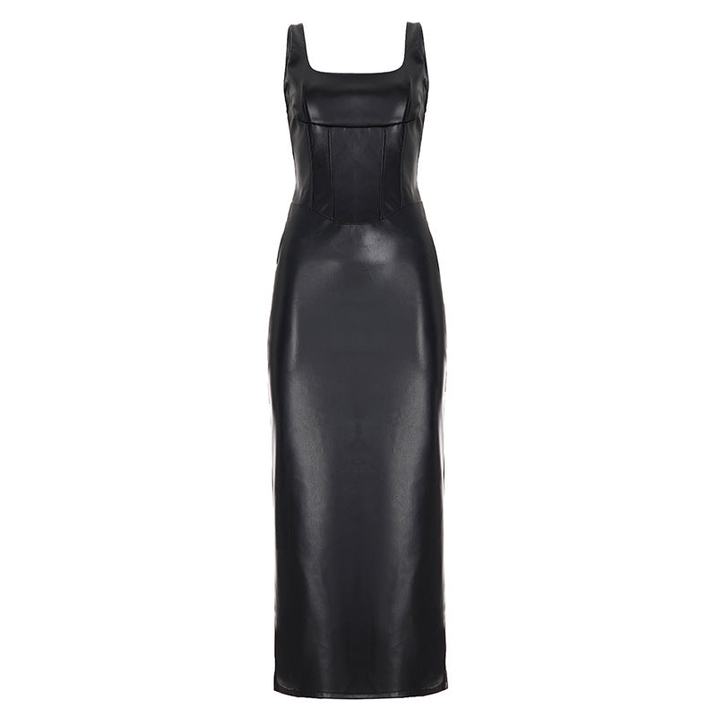 Women’s slim fit leather dress with square collar, low cut, drawstring waist, and split design by Bella Mia