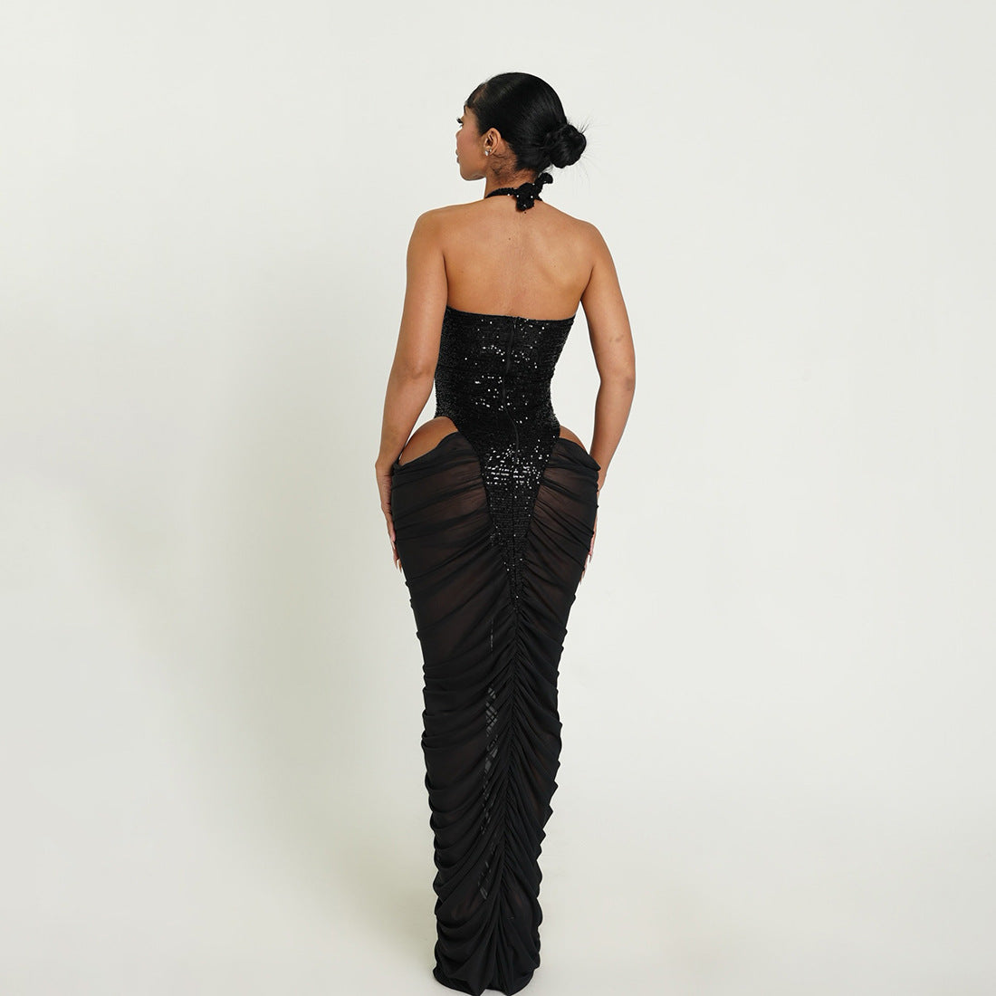 Bella Mia women’s ruffle hip dress with sequined stitching and see-through mesh fabric, perfect for autumn winter fashion.