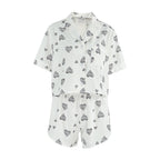 Pink heart-print short sleeve cardigan and split shorts pajamas set for women, comfortable casual home wear by Bella Mia.