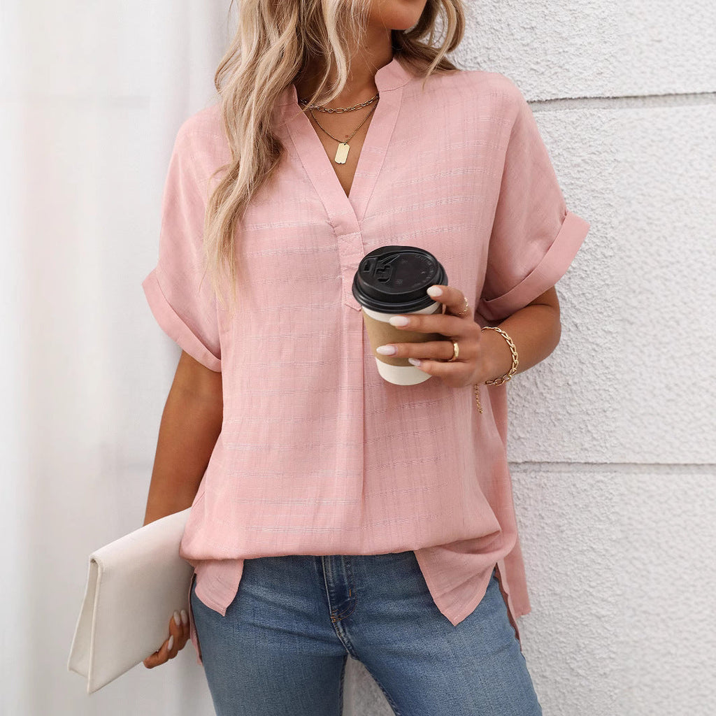 Bella Mia women's V-neck short sleeve striped plaid shirt, loose fit summer top with a casual, stylish design.