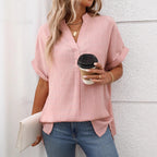 Bella Mia women's V-neck short sleeve striped plaid shirt, loose fit summer top with a casual, stylish design.