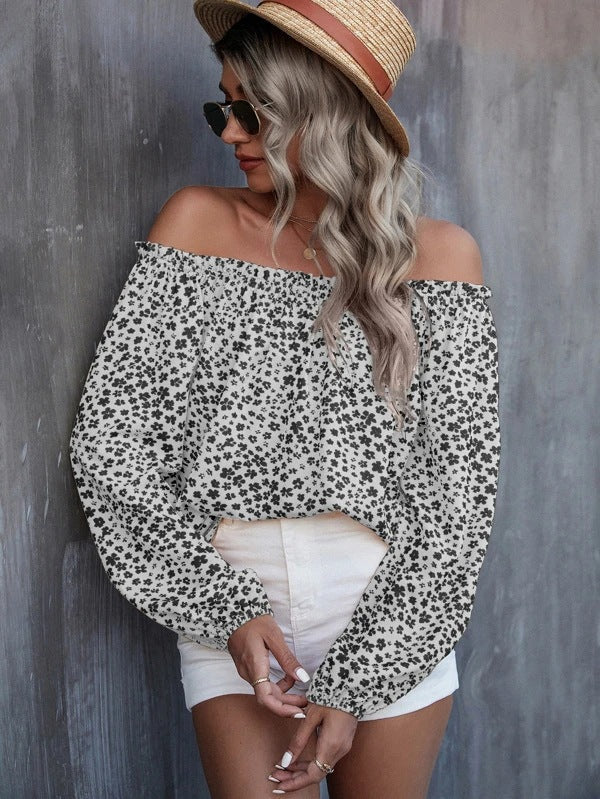 Bella Mia women's off-shoulder printed long sleeve top, loose fit autumn winter T-shirt with stylish design.