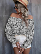 Bella Mia women's off-shoulder printed long sleeve top, loose fit autumn winter T-shirt with stylish design.