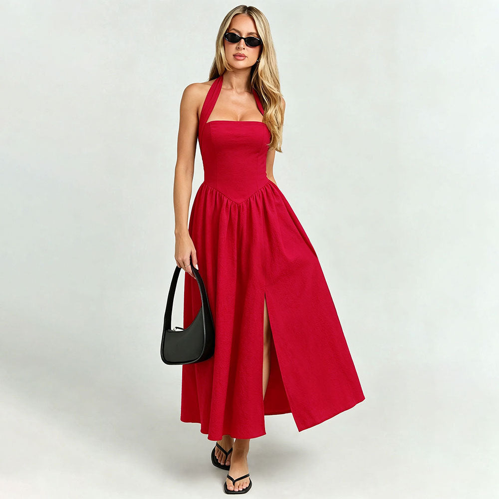 Red backless halter lace-up dress with waist trimming and a large swing split, perfect for holiday occasions, by Plush Fashion Hub.