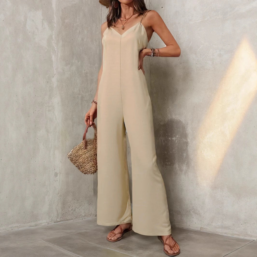 Women’s solid color sleeveless jumpsuit with loose wide-leg pants by Bella Mia, casual and comfortable for everyday wear.