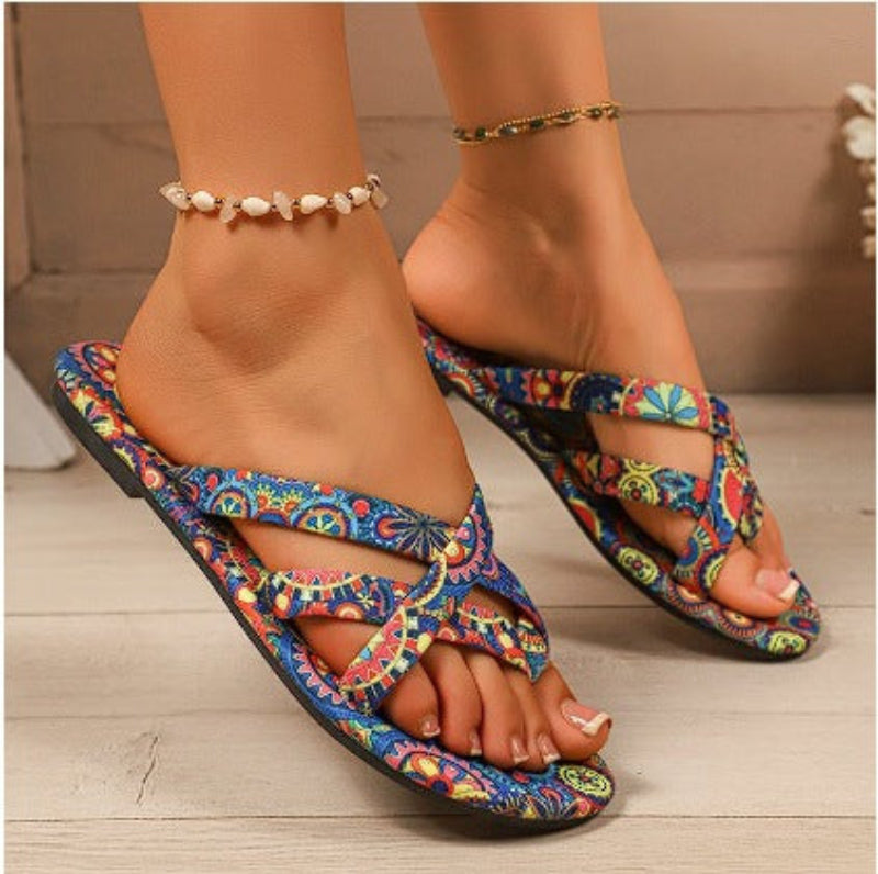 Women’s boho flat printed slippers by FitiqueFit, featuring colorful, patterned fabric and comfortable slip-on design.