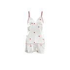 Bella Mia satin women's pajama set with heart-print suspender shorts, featuring a sexy two-piece design and elegant satin fabric.