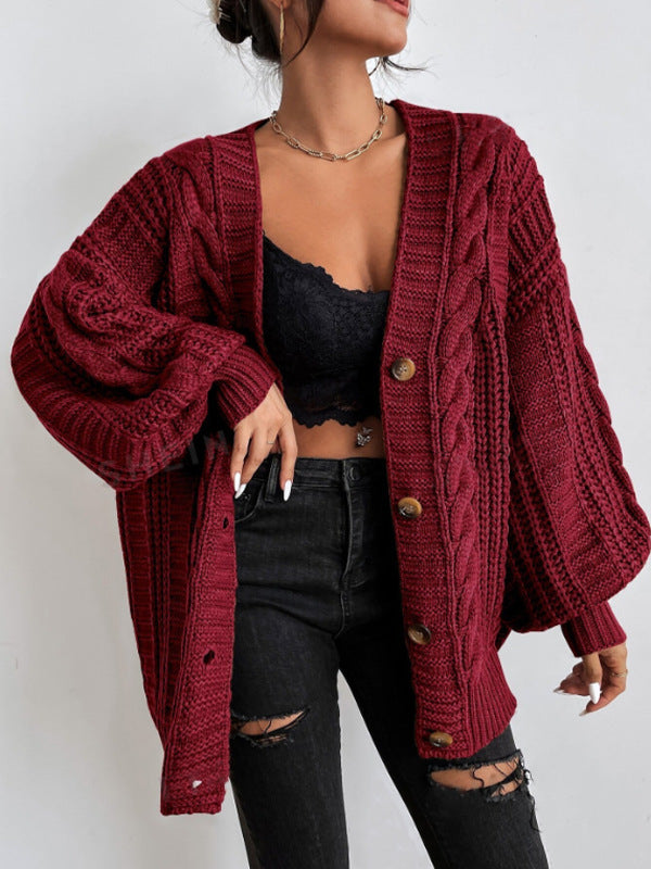 Bella Mia women's V-neck sweater with lantern sleeves, retro loose fit, knitted cardigan outerwear on a model.