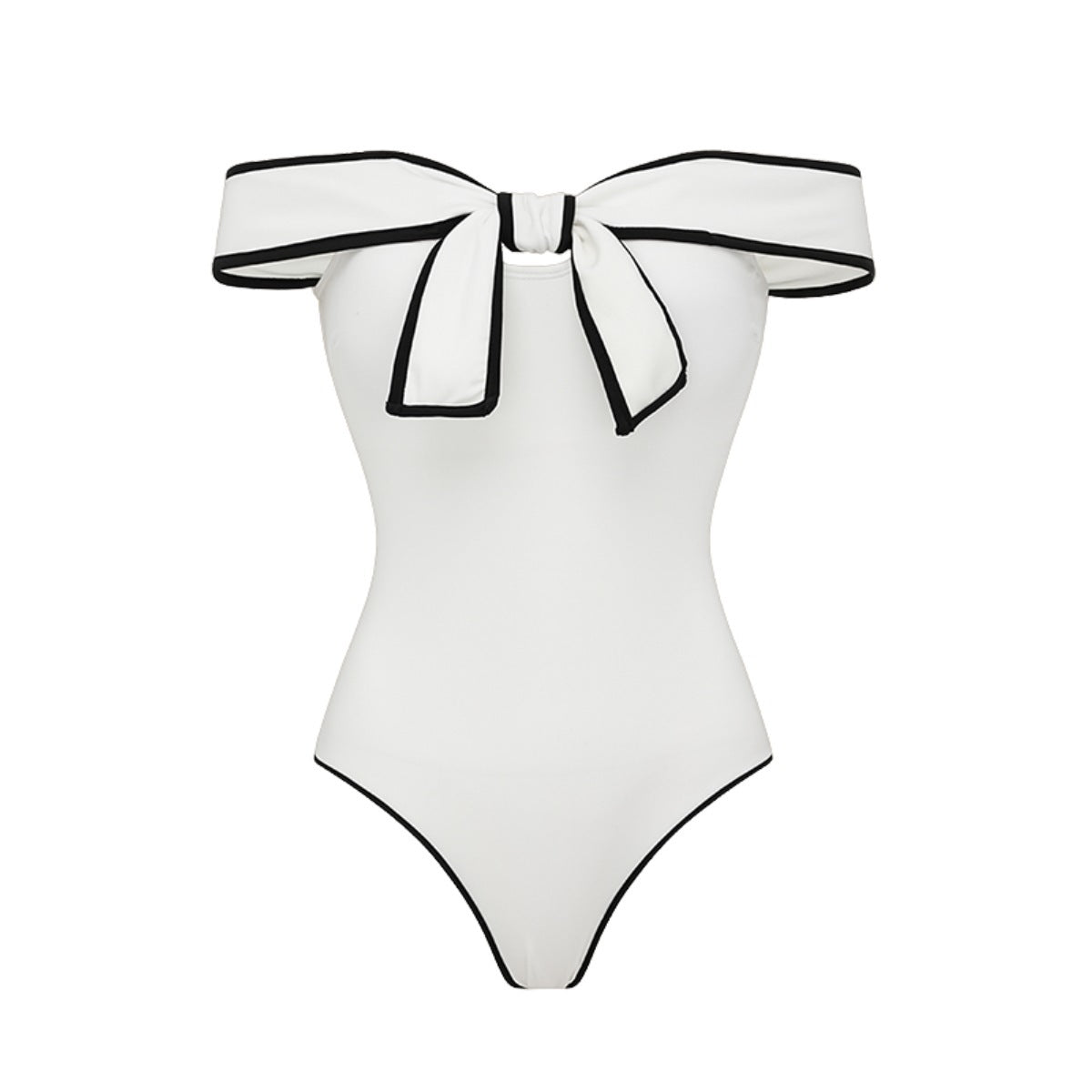 Black and white matching swimsuit bottoms with a bow, featuring a white skirt, designed for women by Plush Fashion Hub.