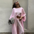 Bella Mia summer three-piece knitted pajama set with solid color top and loose trousers, cozy home wear.