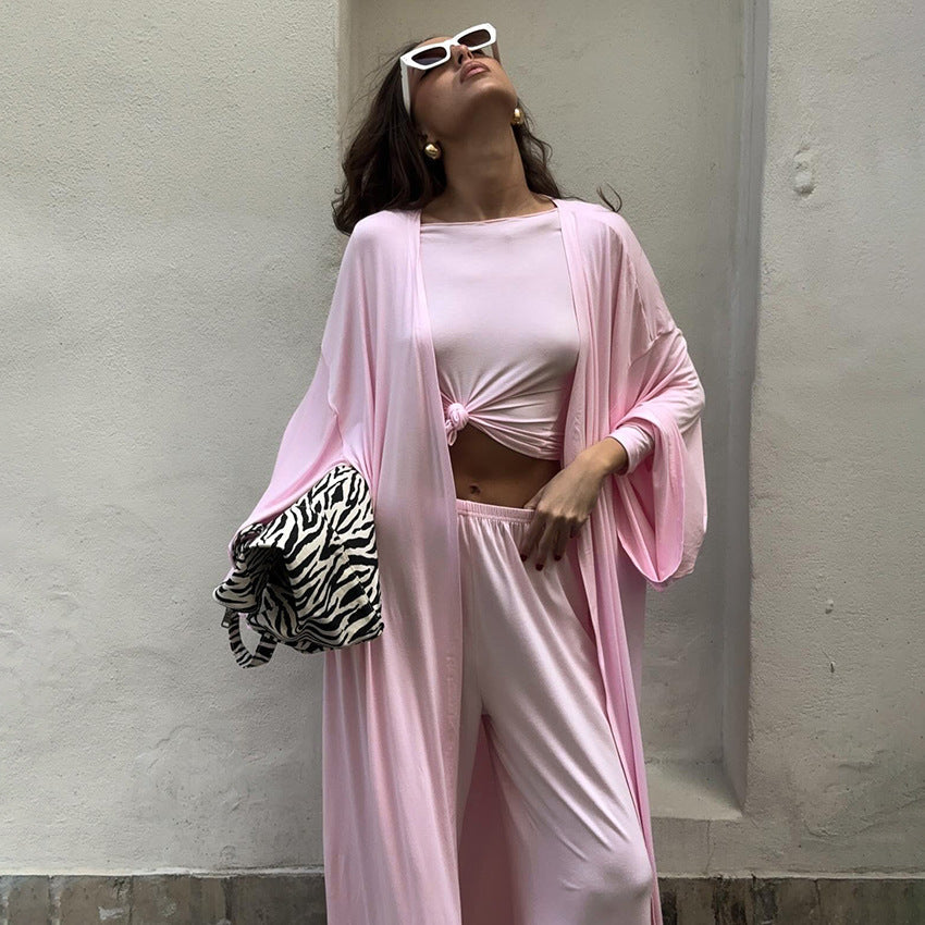 Three-piece summer knitted pajama set in solid color from Plush Fashion Hub, featuring a top, bottoms, and matching shorts.
