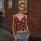 Bella Mia women's see-through lace spaghetti strap bandeau vest with deep V plunge, slim fit, and sexy design.