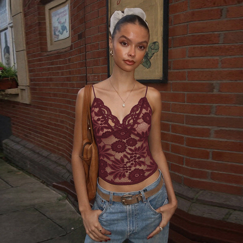 Bella Mia women's see-through lace spaghetti strap bandeau vest with deep V plunge, slim fit, and sexy design.