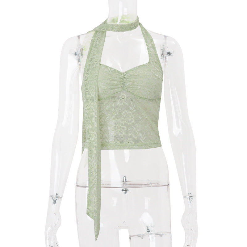 Women’s summer lace halterneck vest top by Bella Mia, see-through decorative ribbon design, lightweight and stylish for warm weather.