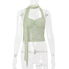 Women’s summer lace halterneck vest top by Bella Mia, see-through decorative ribbon design, lightweight and stylish for warm weather.