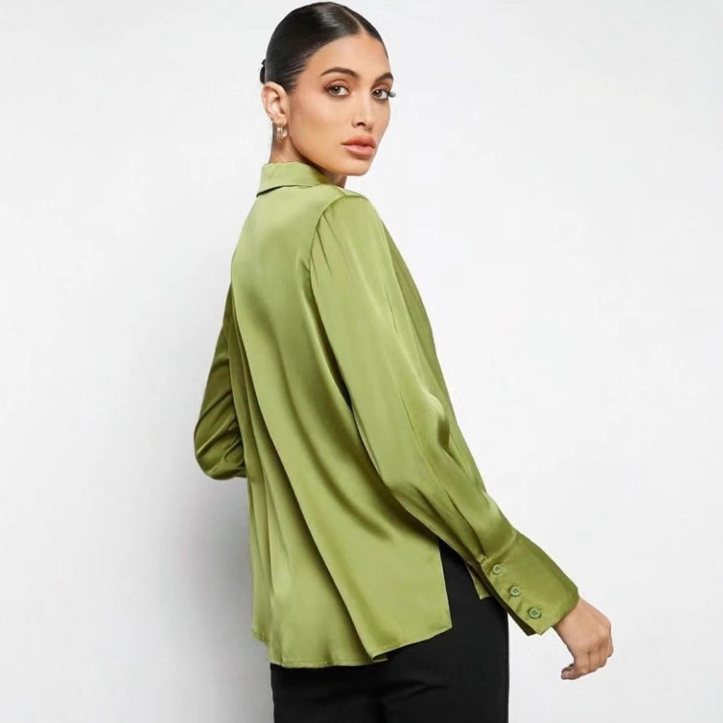 Elegant satin faux silk long sleeve shirt for women by Bella Mia, ideal for spring and summer casual or dressy occasions.