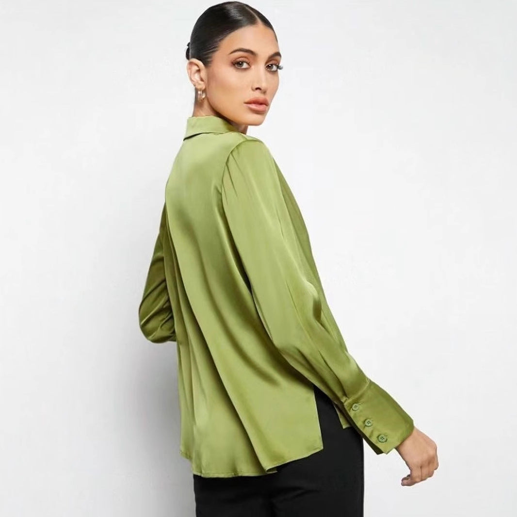 Elegant satin faux silk long sleeve shirt for women by Bella Mia, ideal for spring and summer casual or dressy occasions.