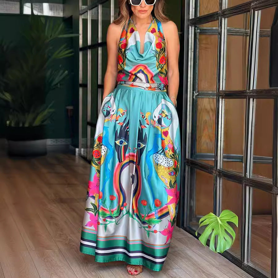 Sleeveless printed summer dress by Plush Fashion Hub with casual, loose fit and lace-up front, perfect for vacation wear.