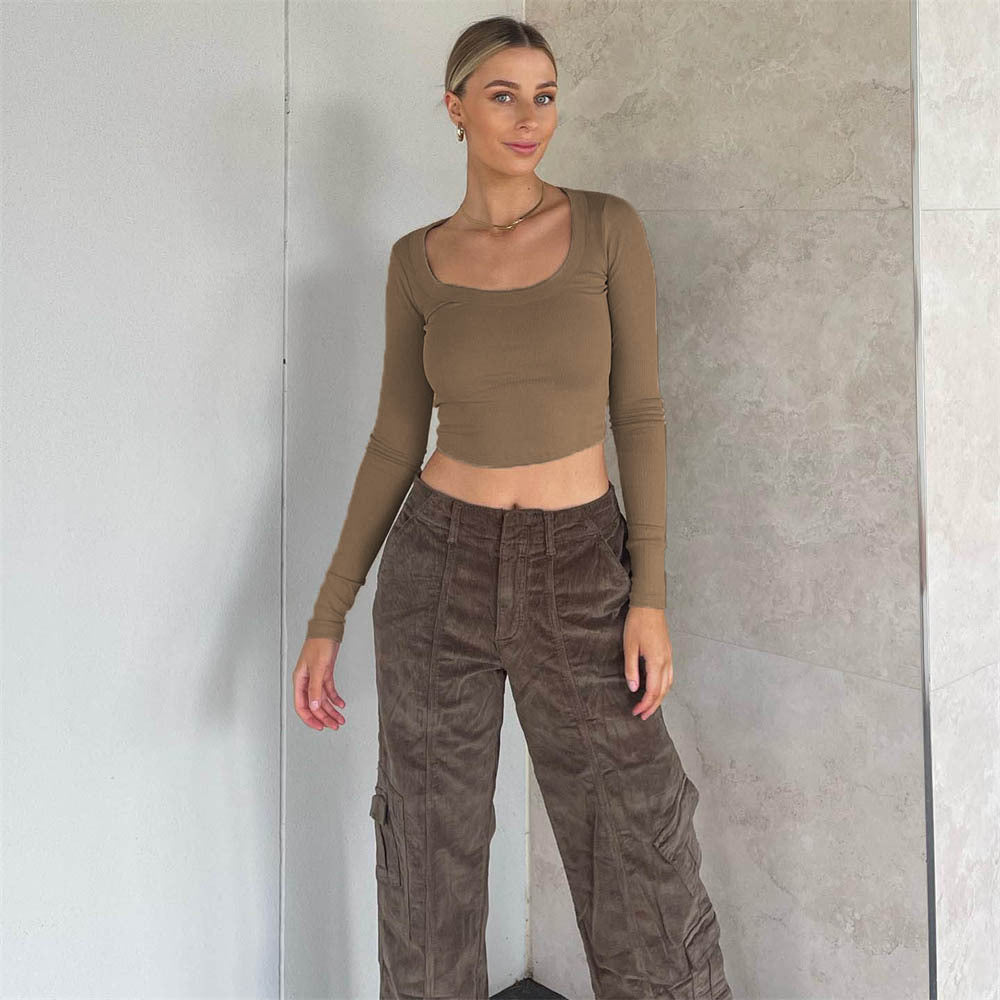 Plush Fashion Hub long sleeve ribbed knit top for women, casual and sexy, perfect for autumn and winter streetwear fashion.