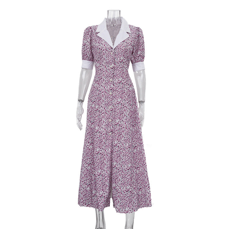 Elegant floral summer dress by Plush Fashion Hub with polo collar, short sleeves, high waist, and A-line print design.