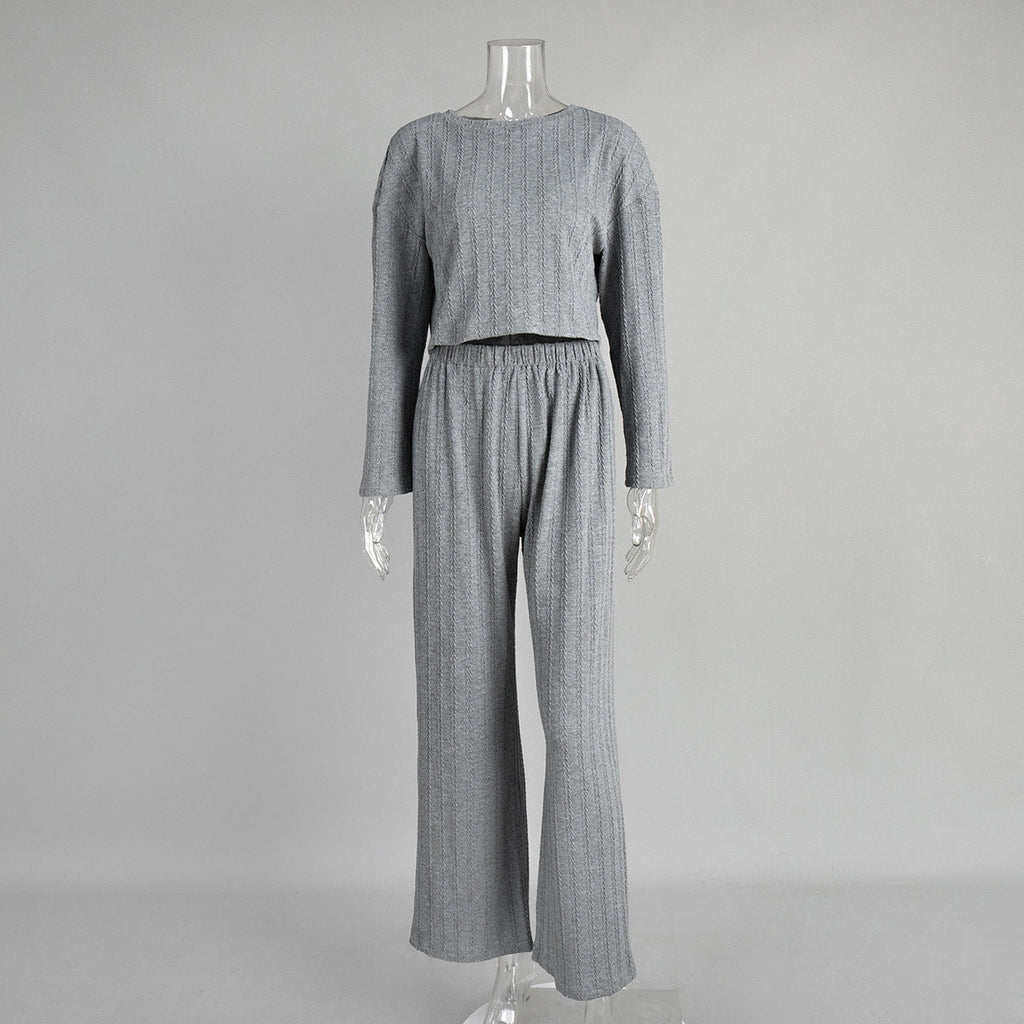 Gray long sleeve pajama bottoms from Plush Fashion Hub, winter wheat jacquard home wear for women, cozy and comfortable.