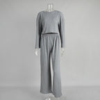 Gray long sleeve pajama bottoms from Plush Fashion Hub, winter wheat jacquard home wear for women, cozy and comfortable.