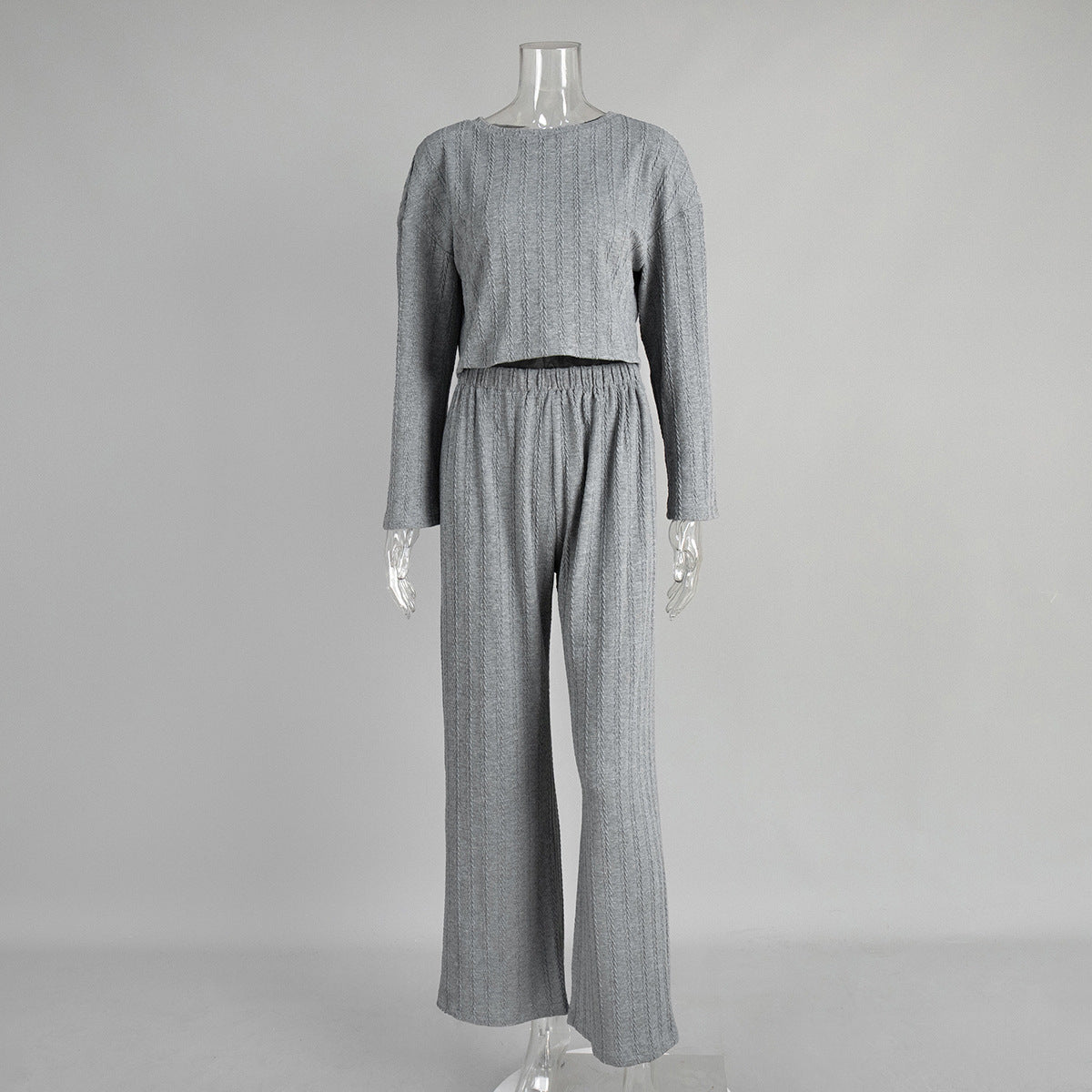 Gray long sleeve pajama bottoms from Plush Fashion Hub, winter wheat jacquard home wear for women, cozy and comfortable.