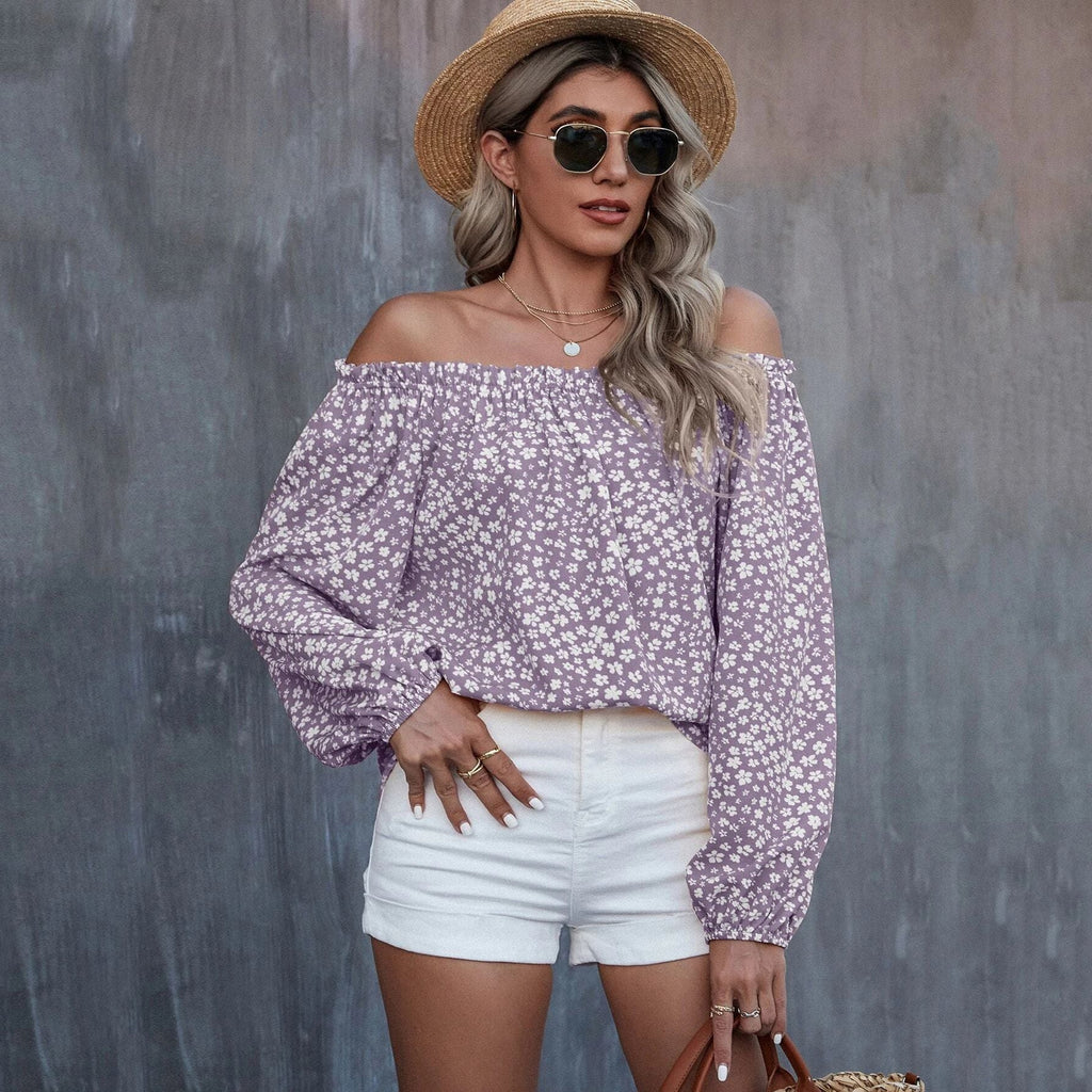 Bella Mia women's off-the-shoulder printed long sleeve top with loose fit, perfect for autumn and winter casual wear.
