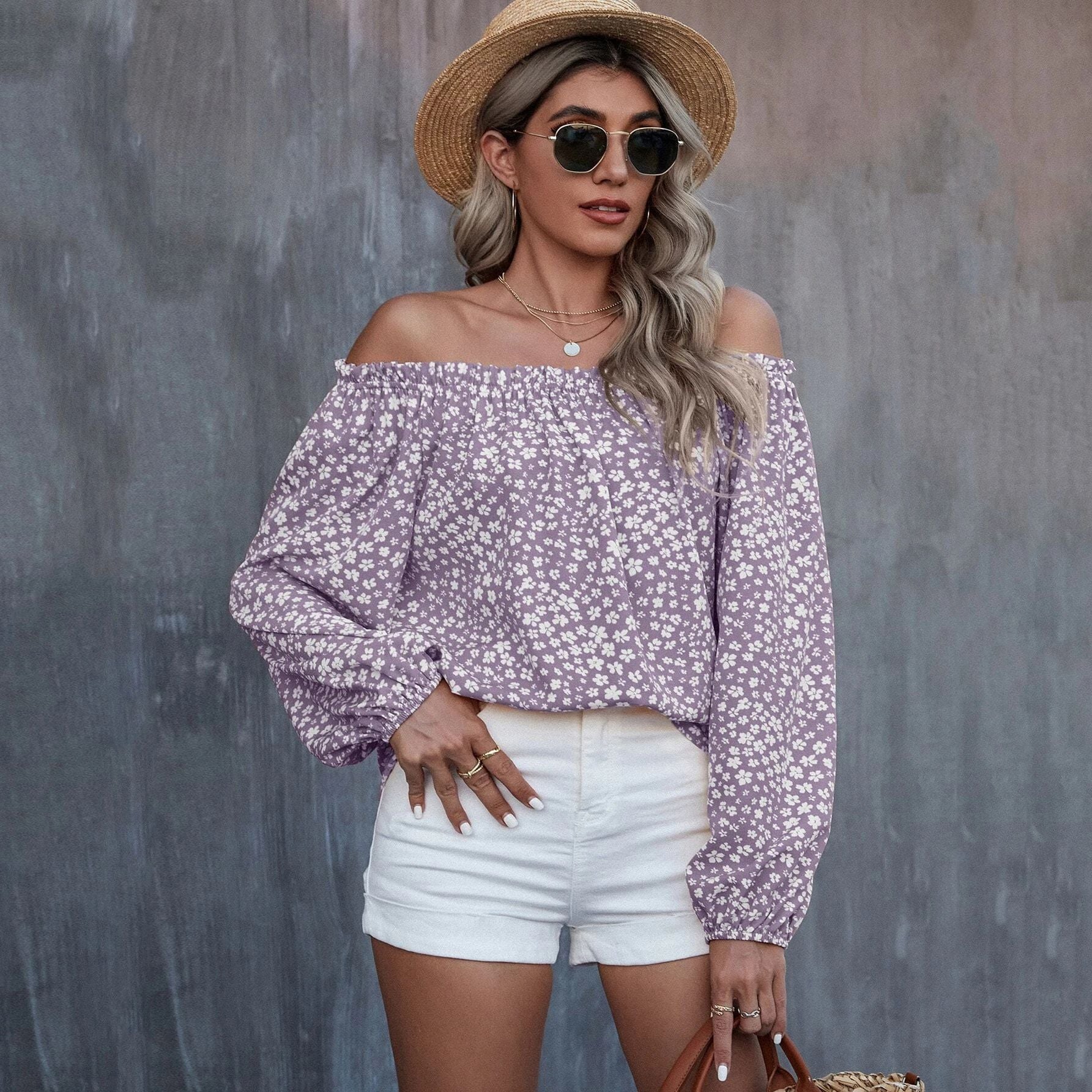 Bella Mia women's off-the-shoulder printed long sleeve top with loose fit, perfect for autumn and winter casual wear.