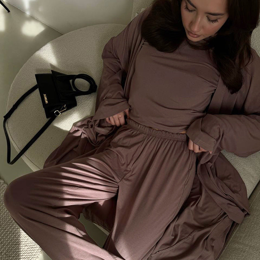 Bella Mia summer three-piece knitted pajama set with a solid color top and loose trousers, comfortable home wear for relaxing.