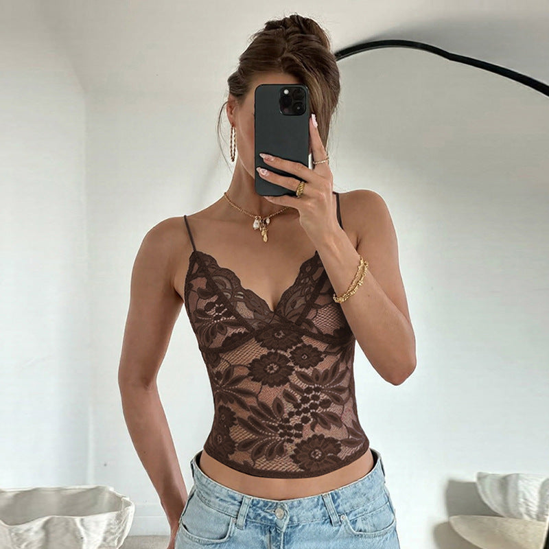 Women’s see-through lace spaghetti strap bandeau vest with deep V plunge, slim fit, from Plush Fashion Hub.